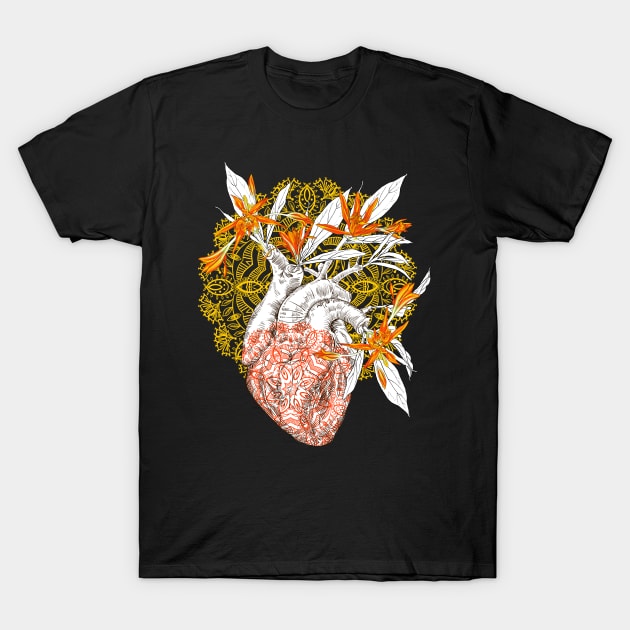 Human anatomical heart with flowers T-Shirt by Olga Berlet